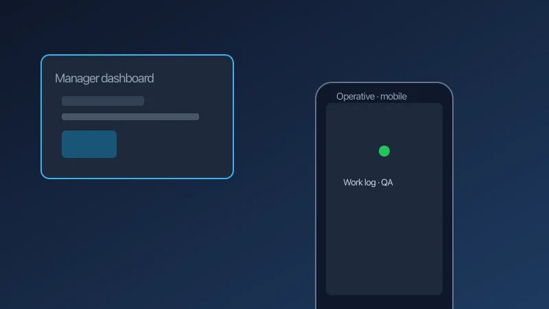 Proconix construction workflow platform UK: diagram of manager desktop overview and operative mobile app for contractors
